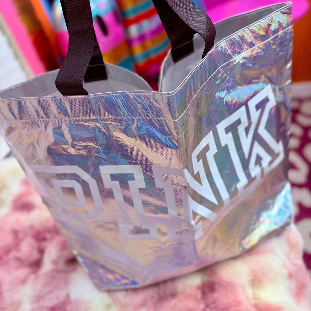 Victoria's Secret PINK Iridescent Holographic Reusable Tote Bag Large Silver‎